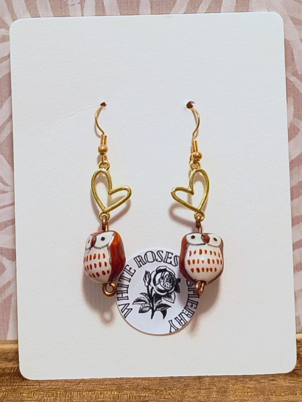 White Roses & Sherry | Whimsical Owl & Gold Heart Earrings
